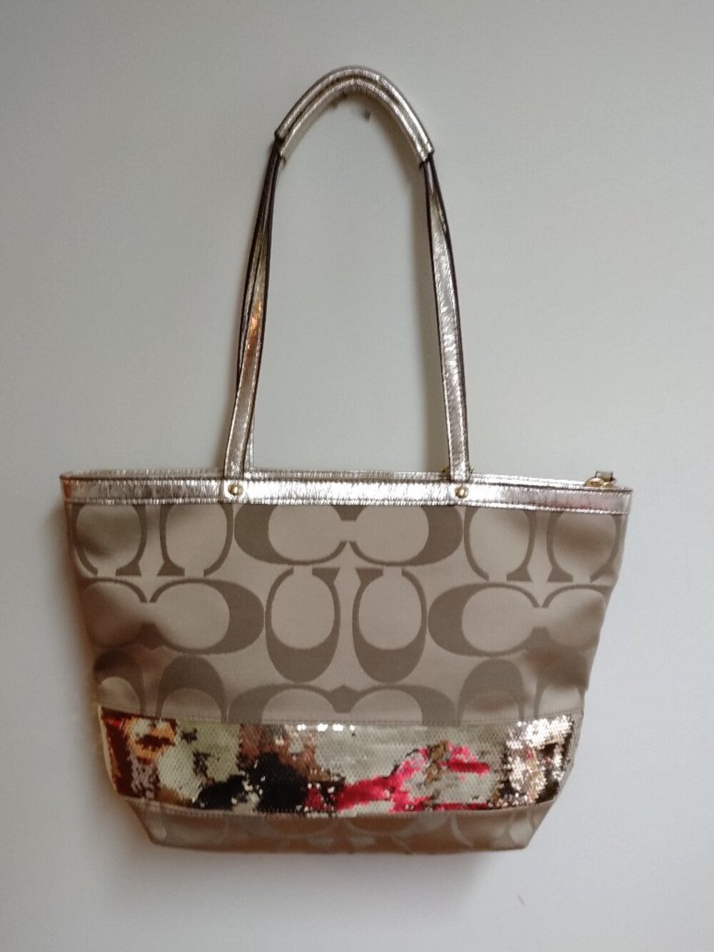 Coach Gold Signature Logo Sequin Tote Bag - Picture 4 of 7